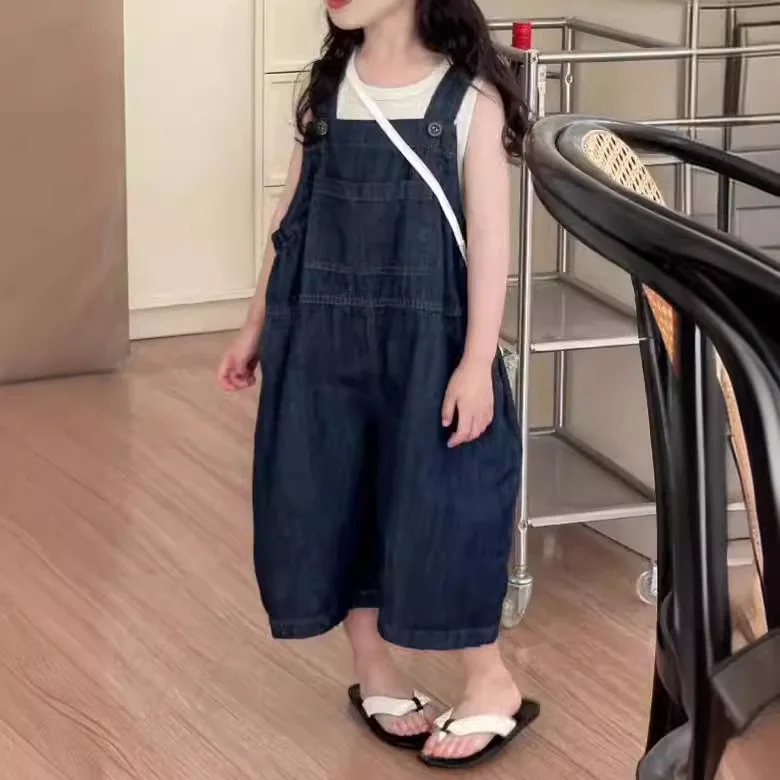 

Baby Girl Pants 2024 Summer New Retro Wide-leg Denim Overalls Girls Han Baby Cute Loose One-piece Fashion Comfort Pants