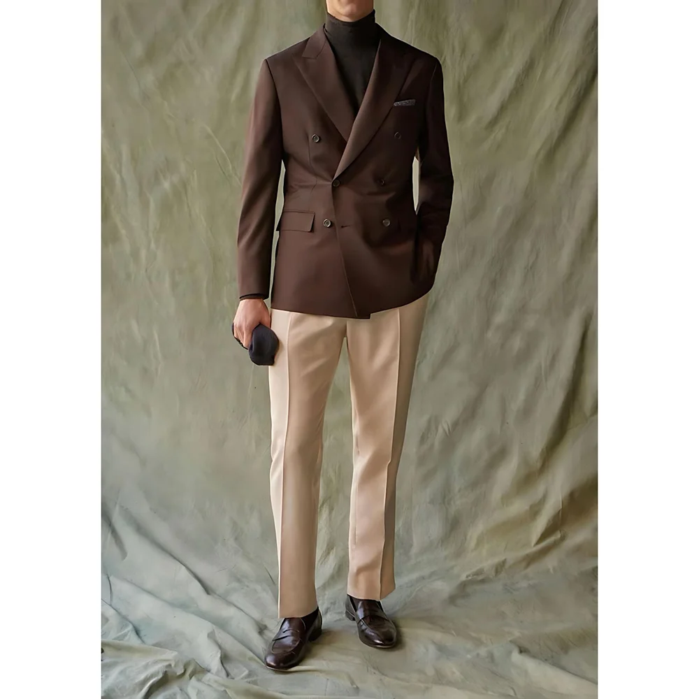 

Fashion Brown Peaked Lapel Double Breasted Men Suits 2 Pieces (Jacket+Pants) Wedding Formal Party Fashion Man Sets Banquet Sets