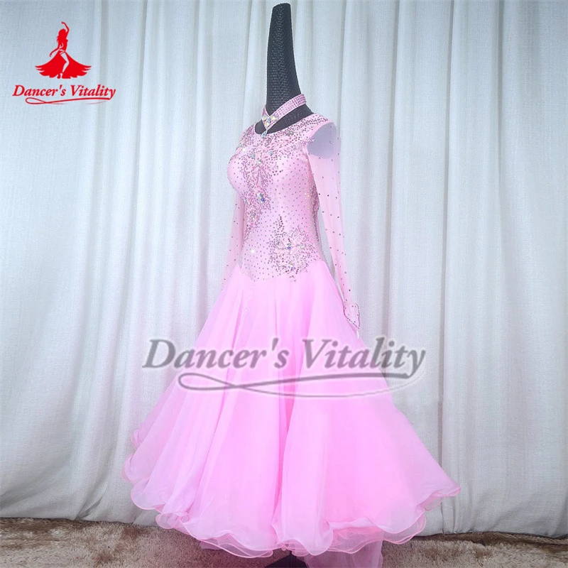 여성 왈츠 AB 스톤 긴 소매 래핑 된 어깨 빅 스윙 드레스 성인 사회 댄스 연습 및 경쟁 의류 사용자 정의