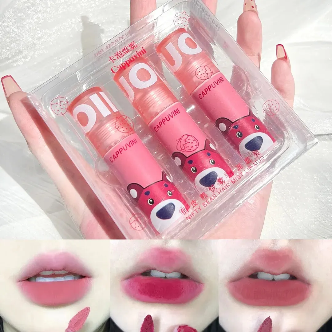 Three Sets Strawberry Bear Lip Mud Ventilated Nude Makeup Matte Lasting Matte Lipstick Affordable For Female Students