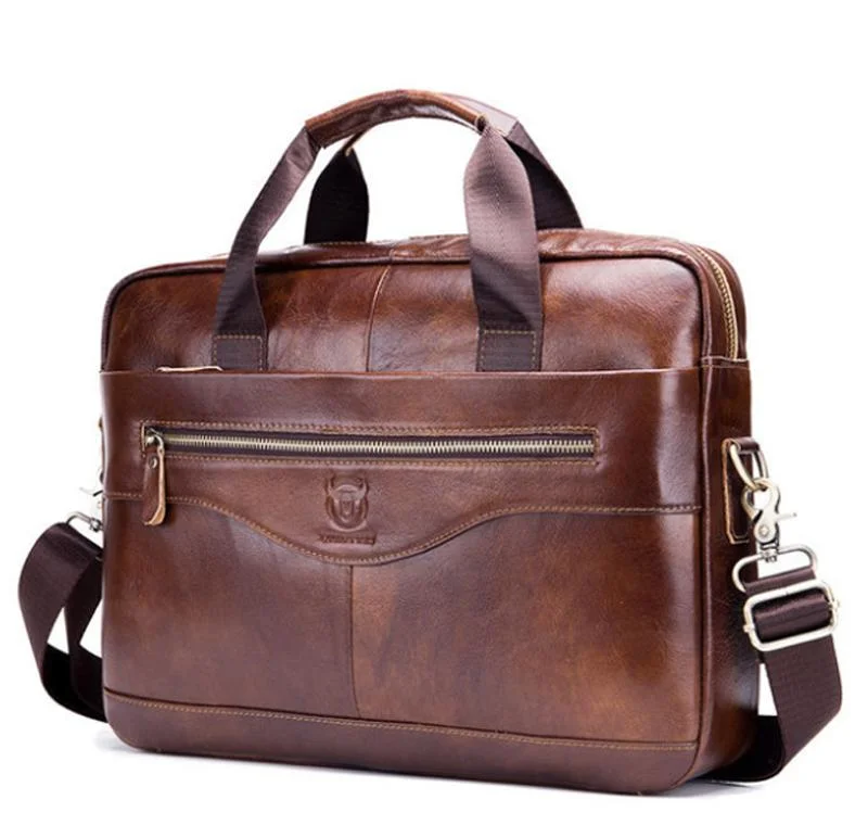 Genuine Leather Pure Color Business Large Capacity Shoulder Crossbody Laptop Bag Men