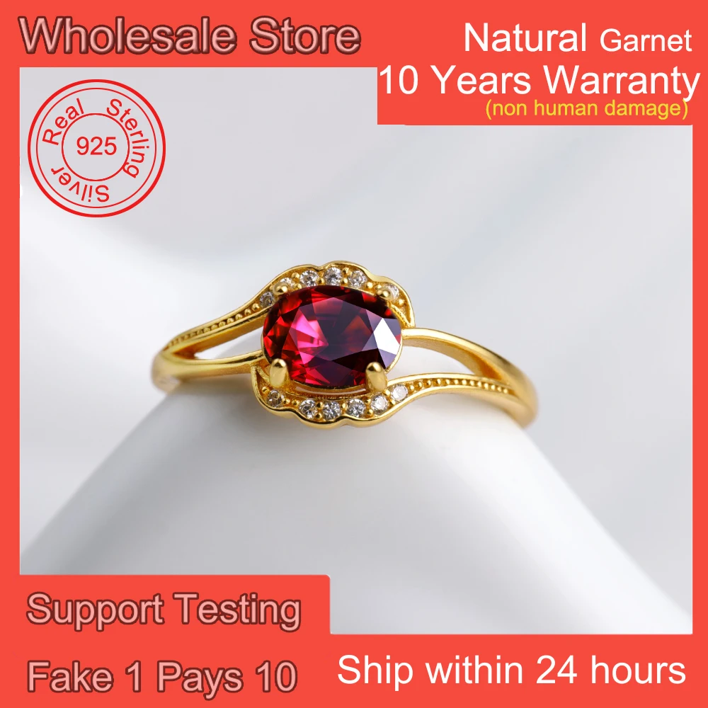 

Natural Garnet 7*5mm Oval Cut Gemstone Solid 925 Silver Ring K Gold Plated Women's Bands February Birthstone Jewelry Boho Gifts