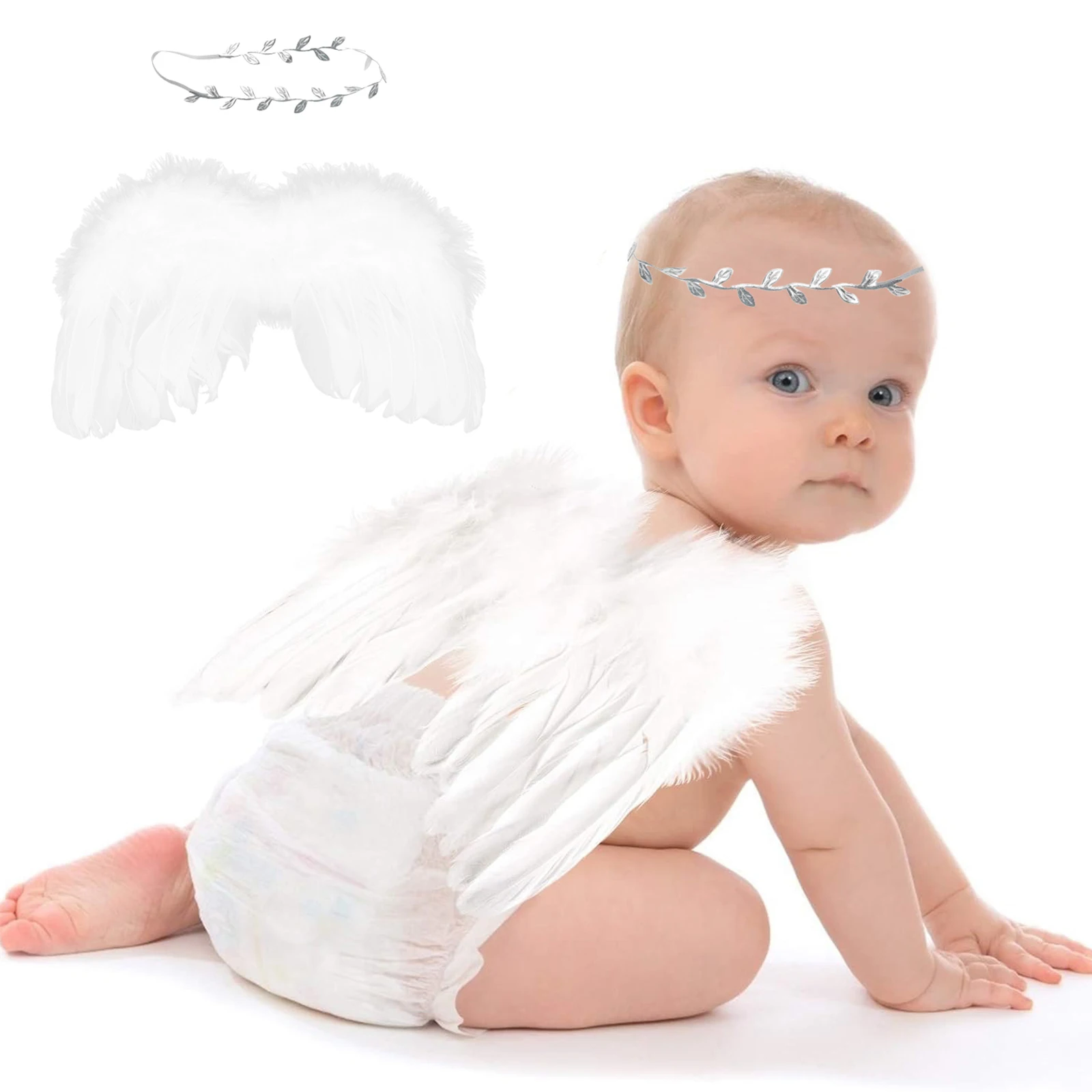 

2 шт./лот, крыло ангела с перьями и повязкой на голову в виде листьев, набор для новорожденных, детские сувениры, реквизит для фотосъемки, аксессуары