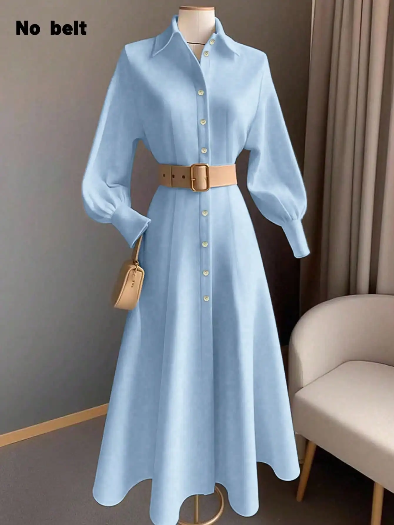 

Light Blue Long Sleeve Button-Front Midi Dress with Lantern Sleeves