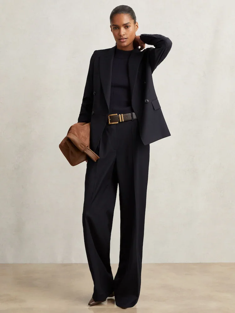 Petite Wool-Blend Wide-Leg Suit Women's 2 Piece Business Suit Casual Office Outfits Elegant Pantsuit Set Customize