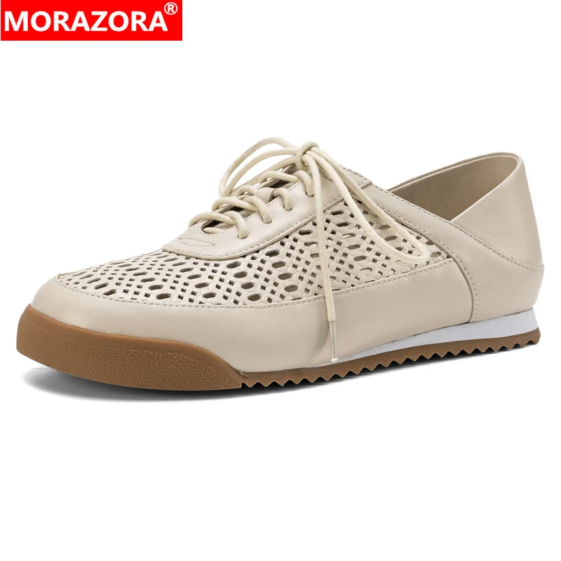 

NORAZORA Women Sneakers Genuine Leather Shoes Lace Up Cut Outs Spring Summer Ladies Casual Flats Fashion Footwear