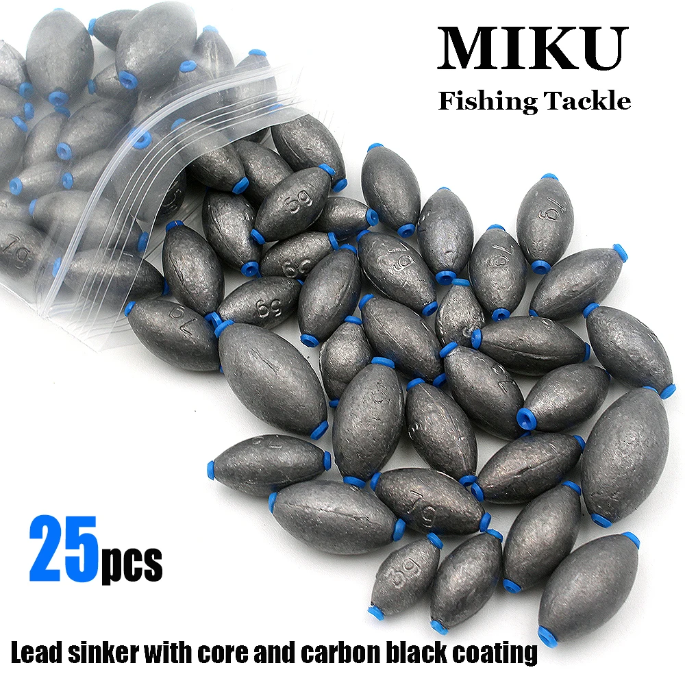 25 piezas de colgantes de plomo para pesca competitiva, tipo huevo, de carbono negro, con núcleo de plástico y resistencia a la inmersión en agua, para pesca silenciosa.