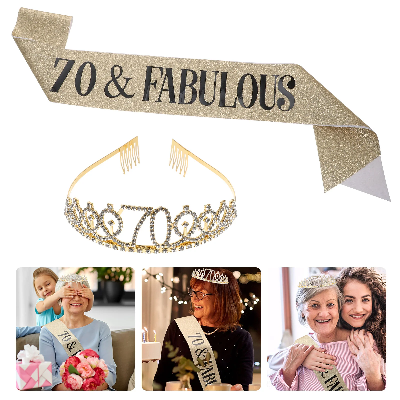 70-Year-Old Shoulder Strap Crown Birthday Decorations Rhinestone Tiara Party Ornament 70th Sash Gifts for