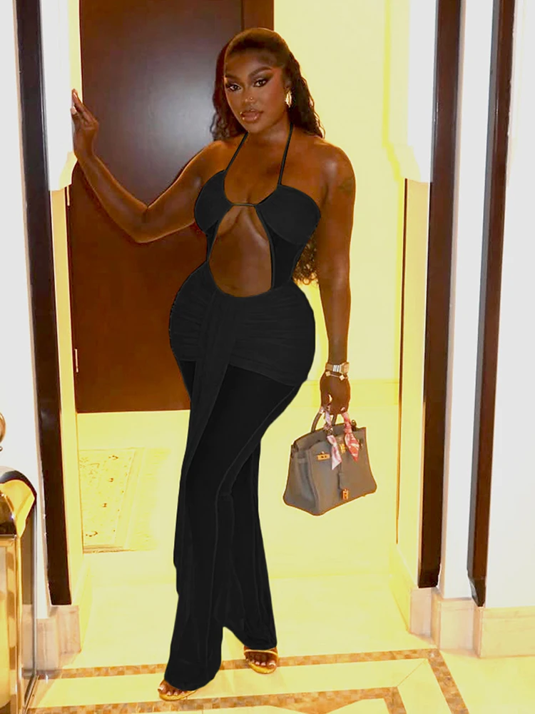 Kliou ตาข่ายเซ็กซี่ร้อนผู้หญิง Jumpsuits แนวโน้ม Halter BANDAGE จีบริบบิ้น Hollow Cleavage Overalls Mujer Midnight Clubwear