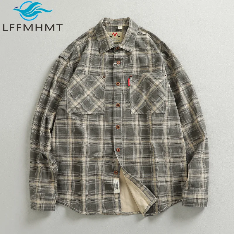 

Vintage Plaid Men's Shirt Japan Style Classical Workwear Big Pocket Loose Casual Cotton Long Sleeve Blouse Business Casual Coats