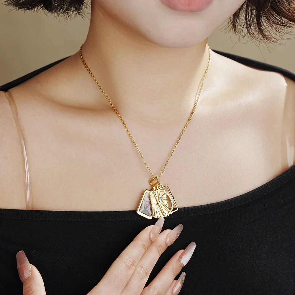Personalized Photo Pendant Necklace Copper CZ Crystal Moon Sun Necklace for Women Gold Plated Locket Necklace Dainty Jewelry