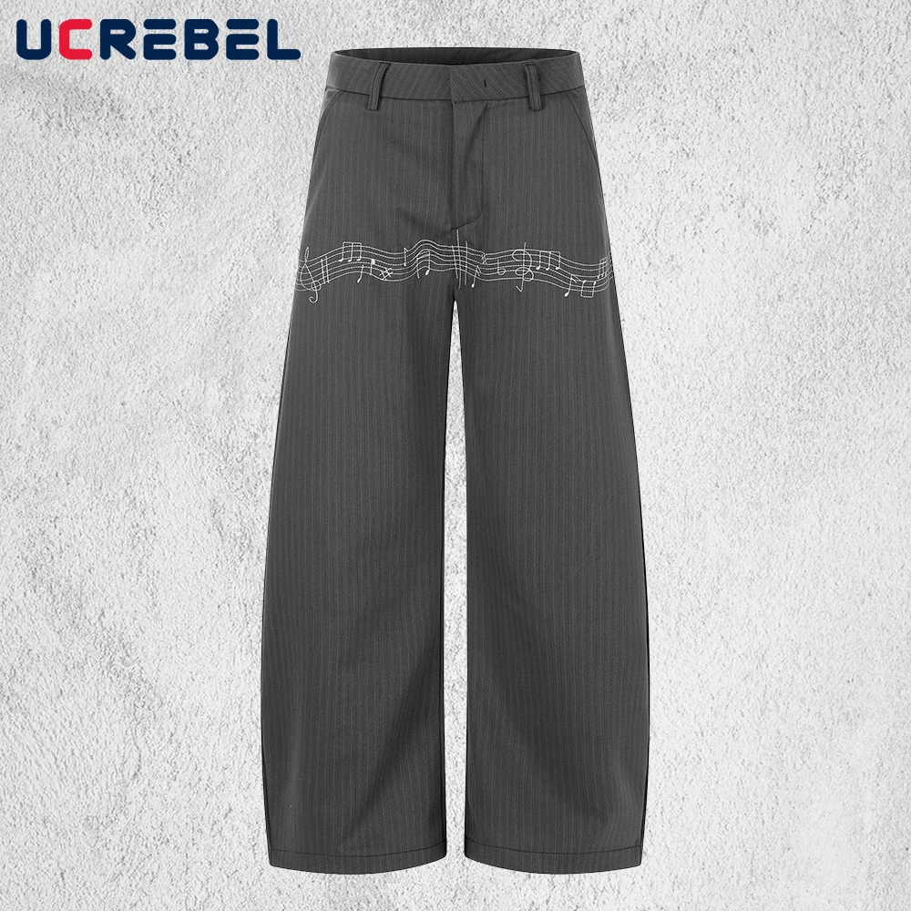 Musical Note Embroidery Trousers Mens Retro Pinstripe Casual Baggy Wide-leg Scimitar Cut Pants Man