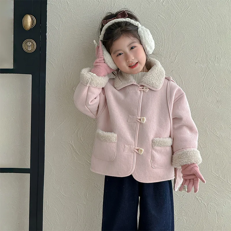 

Autumn Winter Children Girls Woolen Coat Thicken Turn Down Collar Kids Baby Girls Outerwear Coat Pink Toddler Girls Jackets Bags