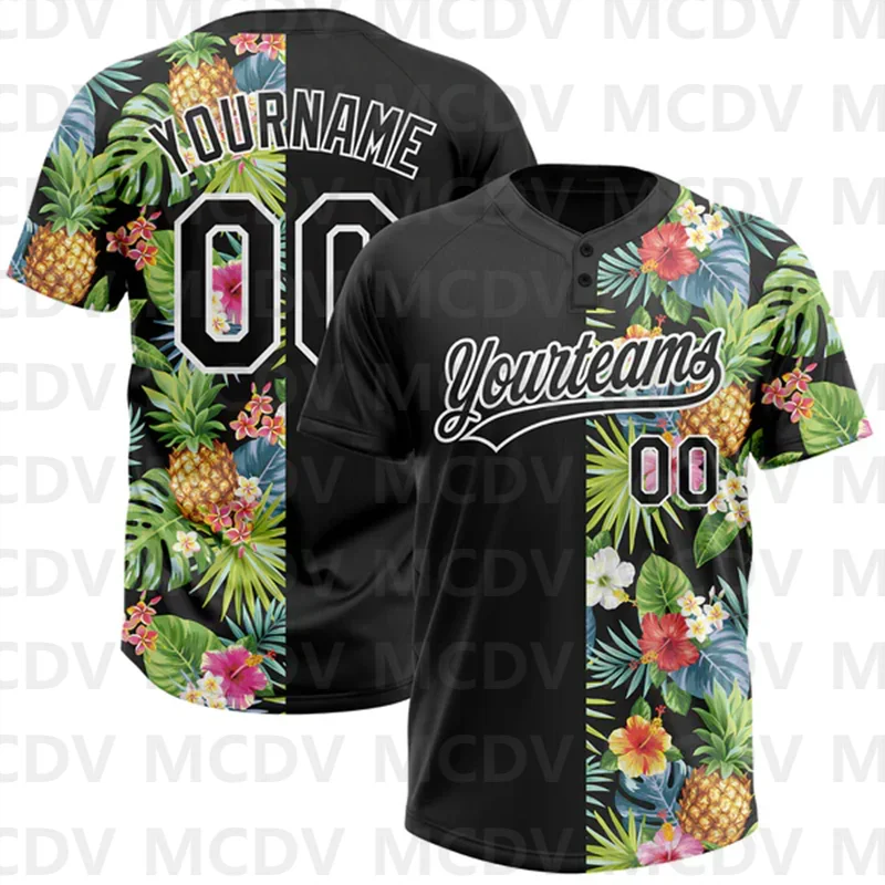 Custom Black Lakes Blue 3D Pattern Hawaii Tropical Palm Leaves Two-Button Unisex Softball Jersey