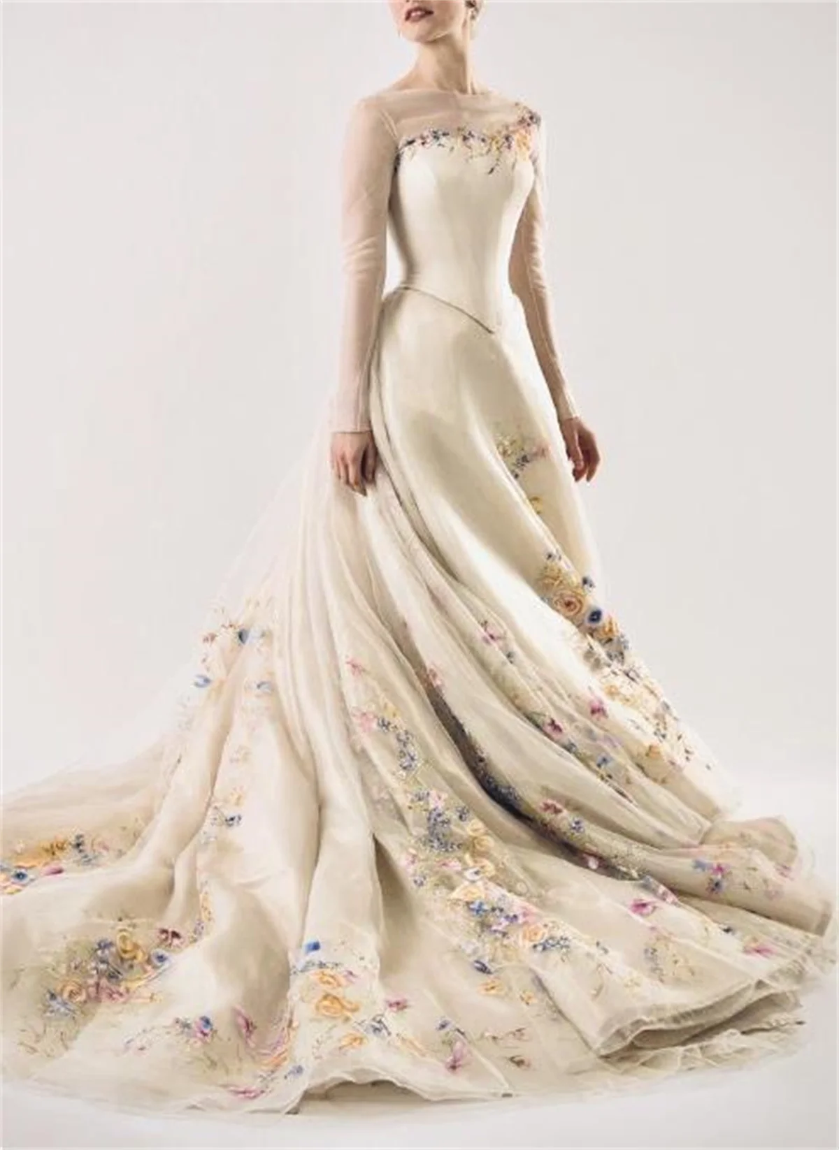 Bespoke Wedding Dress Colorful 3d Floral Tulle Round Neck Long Sleeve Trailing Elegant Evening Gown 2023 Vestido De Novia White