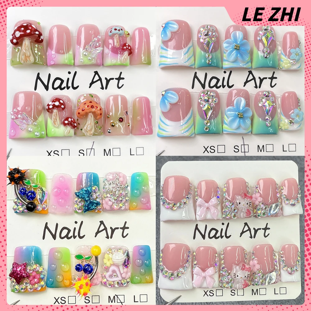 

Y2K Handmade Duckbill Almond Full Cover Fake Nails Sweet Cool Glittering Rhinestones Bow Flowers French Wearable Fake Nail