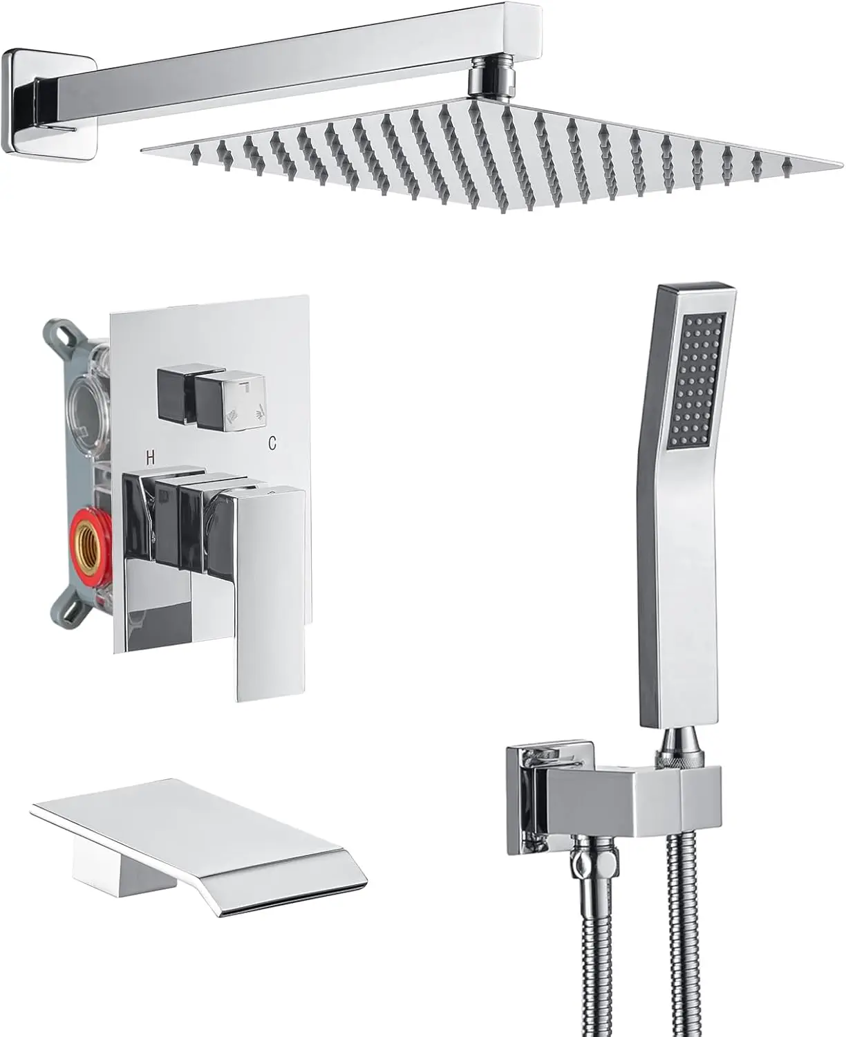 Black Concealed Shower System Rain Waterfall Bathroom Embedded Shower Faucet Set with Tub Spout