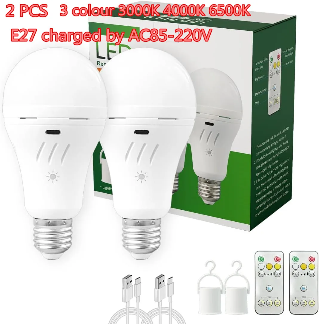 Bombilla con batería recargable E27 de 9W, luz de emergencia AC220V, interruptor de sincronización con control remoto, recarga tipo USB, 3 colores que se pueden atenuar