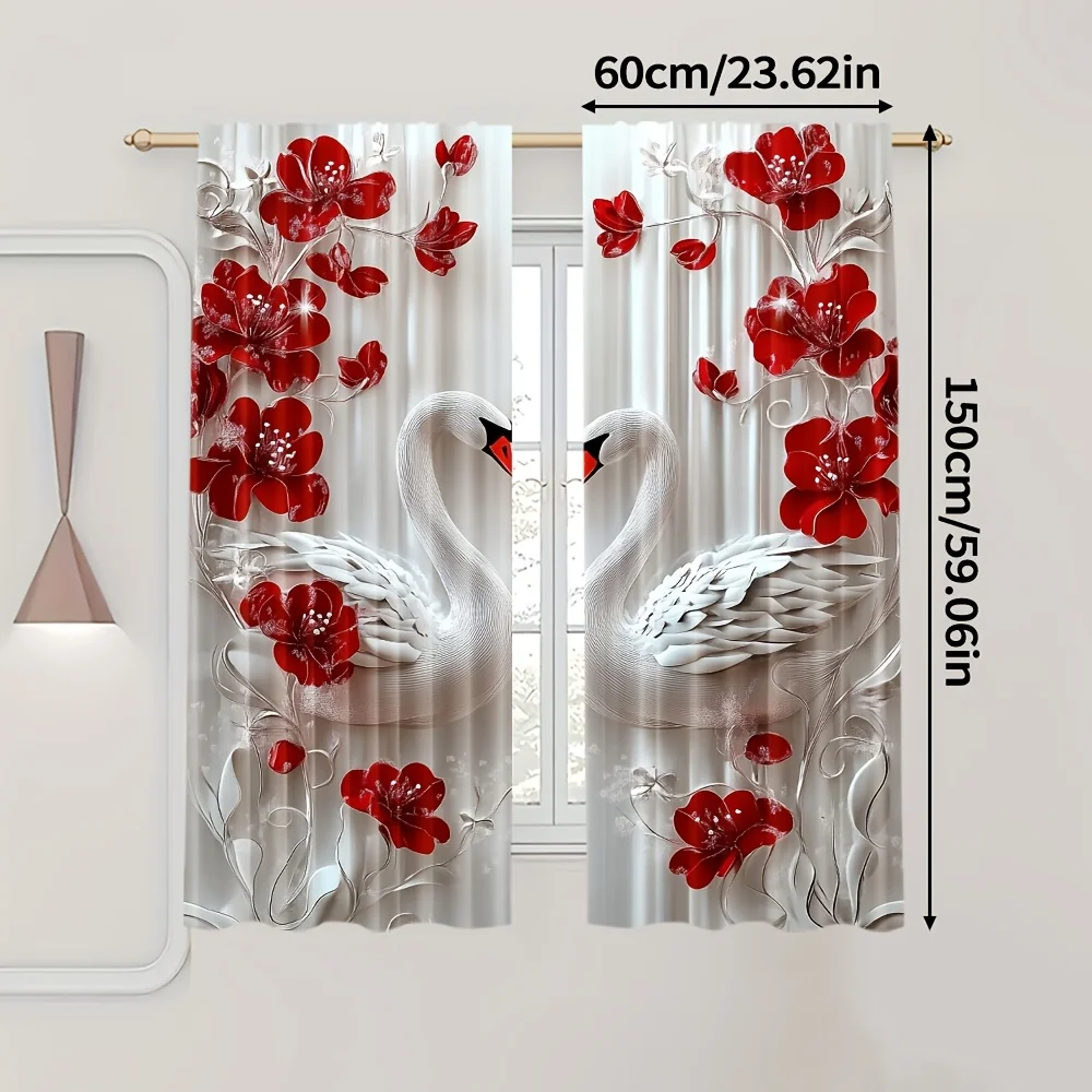 2pcs Floral Swan Print Curtains, Light Filtering Machine Washable Polyester with Rod Pocket for Bedroom Living Room Window Decor