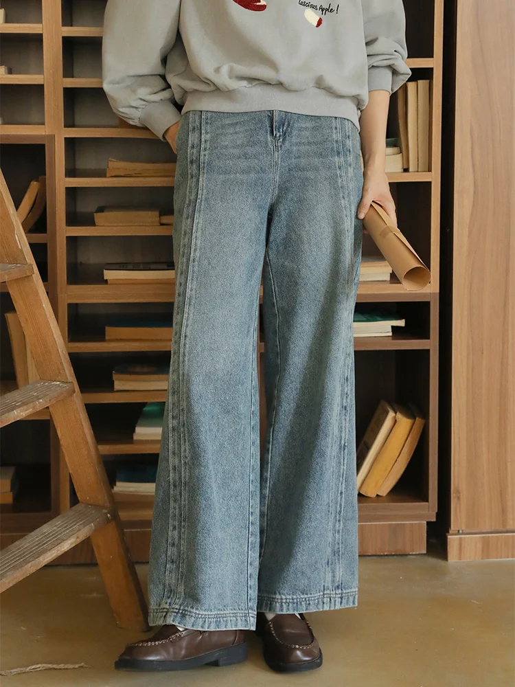 

Nesoulum свободный крой с высокой талией синие джинсовые джинсы с завышенной талией для женщин осенние винтажные прямые длинные брюки с эффектом похудения