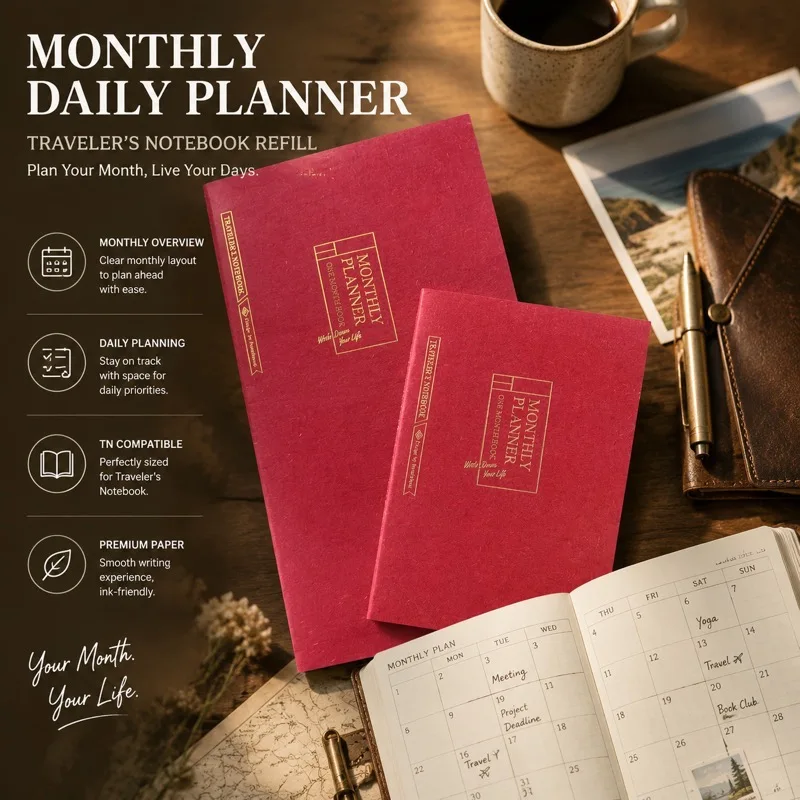 Standard&Passport Size TN Travelers Notebook Monthly Planner Refill Grid Weekly Daily Plan Inner Insert Replacement Journal Core