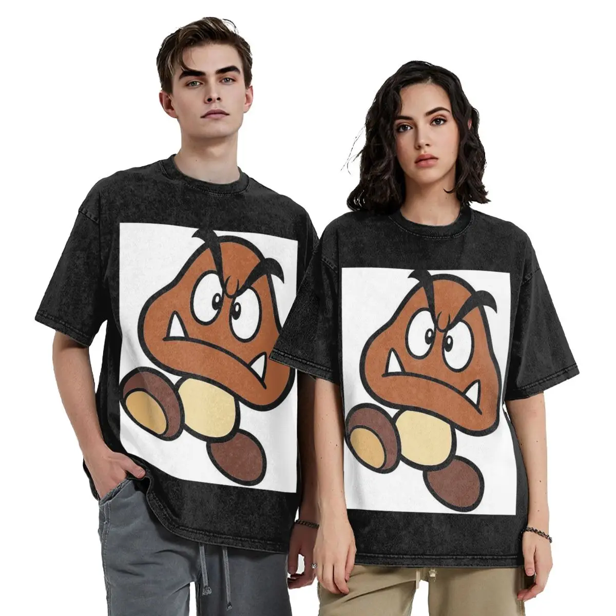 Cartoon Game Goomba Face  Washed T Shirts Oversized Short Sleeve Hip Hop T-Shirt Streetwear Tops Tees for Men Women
