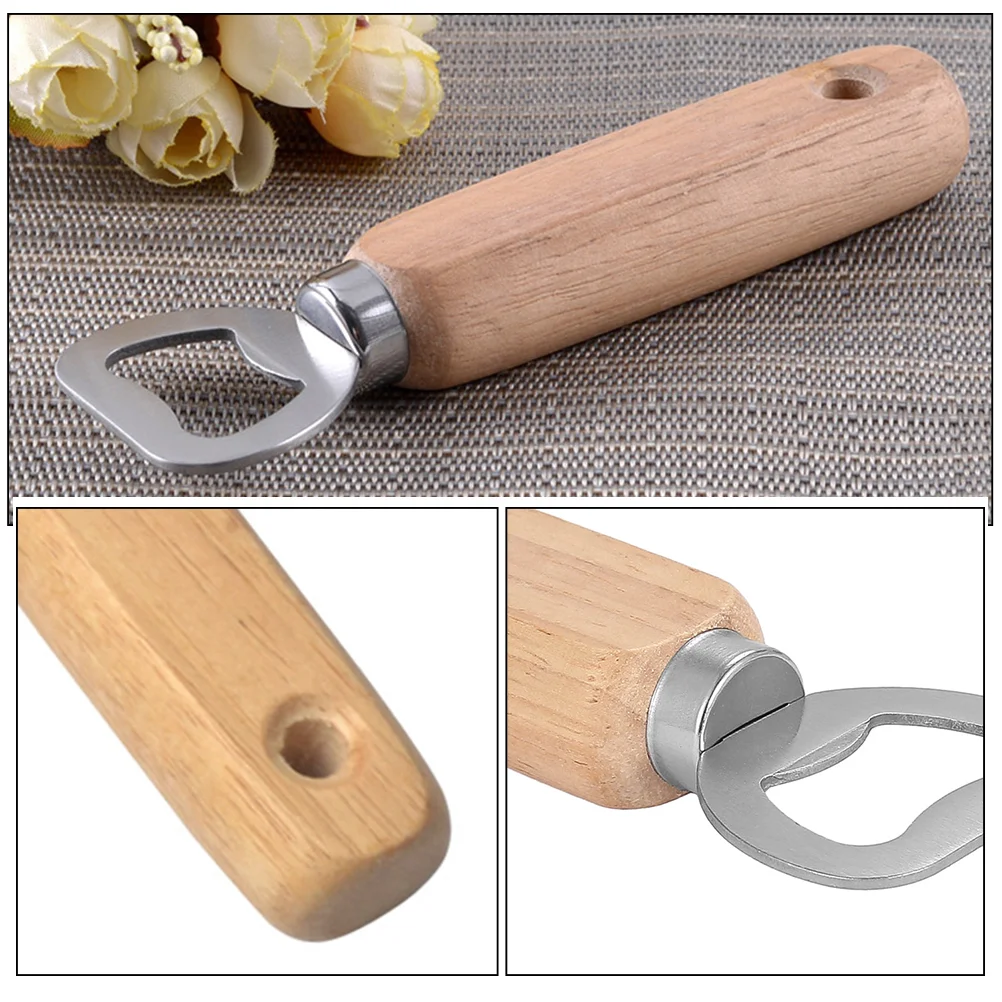 10 Pcs Wooden Bottle Opener Hand Can Manual Beer with Holes Opening Gadget Stainless Steel Tools