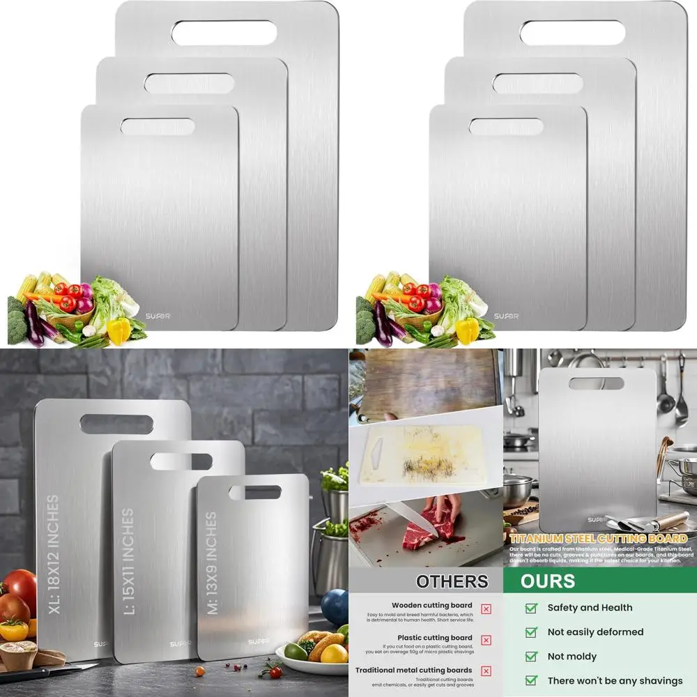 

Кухонные разделочные доски из чистого титана в тройной упаковке — нескользящие, можно мыть в посудомоечной машине, легко чистится, прочные для мяса, овощей, фруктов (M, L, X