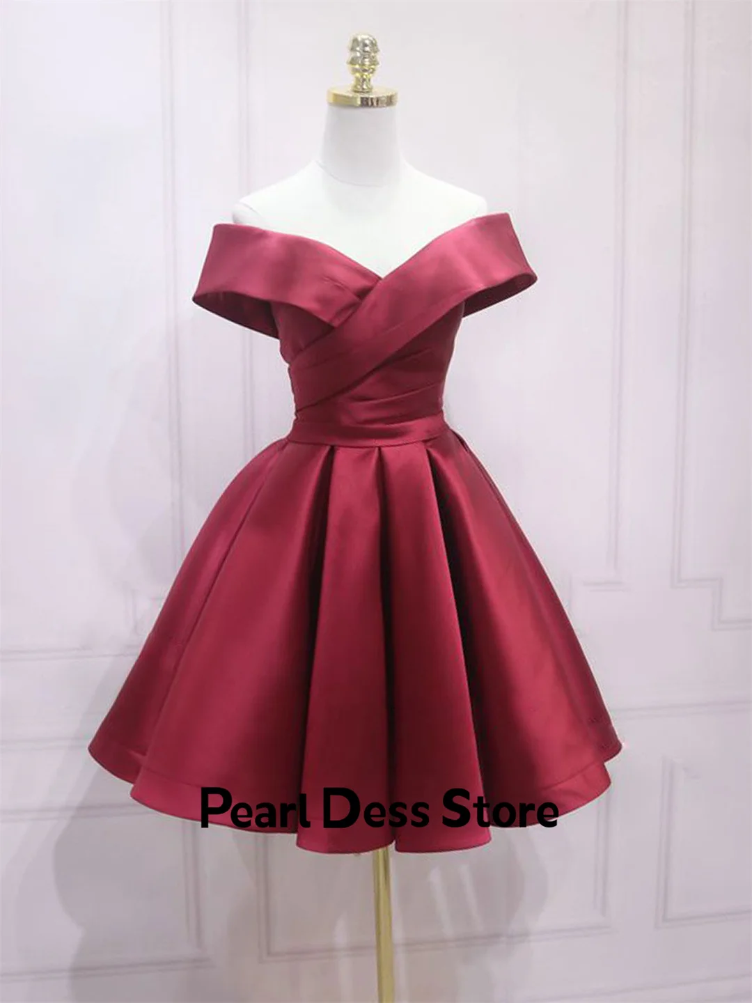 

2024 A-line Off Shoulder Satin Wine Red Short Ball Dress, Wine Red Homecoming Dress Suitable for Special Occasions