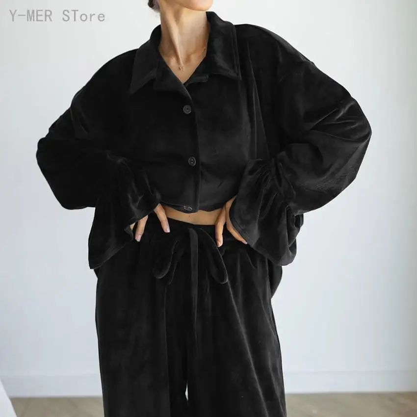 2026 Autumn Winter Women Korean Velvet Pajama Set Ruffle Long Sleeve Top and Pants Two Piece Warm Ladies Homewear Sleepwear