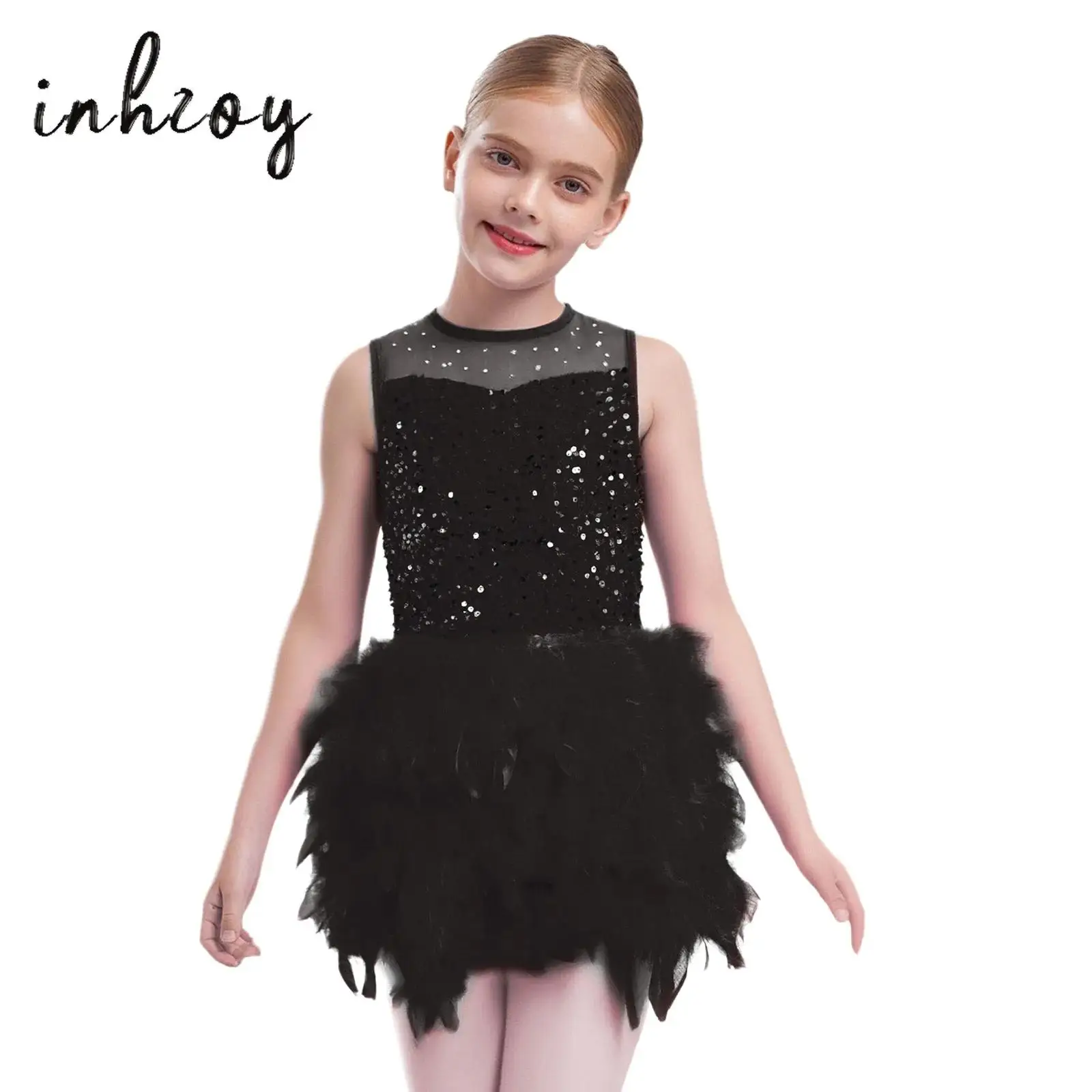 

Kids Girls Ballet Tutu Dress Shiny Sequins Feather Velvet Sheer Mesh Patchwork Dance Dress with Built-in Briefs for Jazz Dance