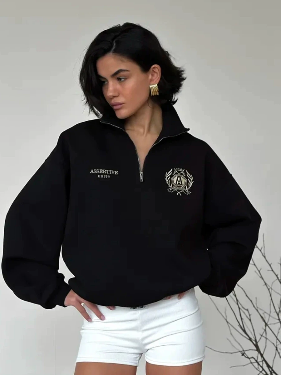 Sweat-shirt ample imprimé f avec fermeture éclair pour femme, confortable, décontracté, Long, col montant, fermeture éclair, Design Faionable, Streetwear