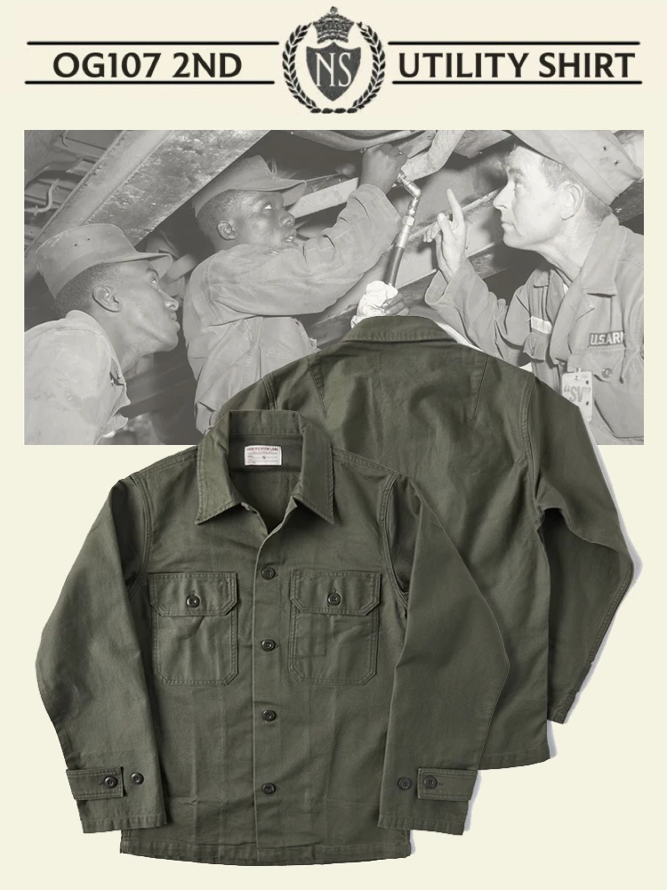 

OG07 Olive een Workwear irt Pure Cotton Satin American Retro Long Sve NonSto Youth Faion Urban Wear Resistant