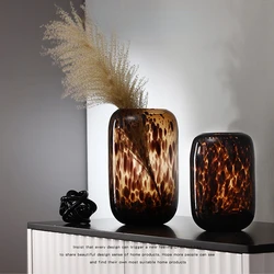 Modern Designer Amber Leopard Print Delicate Light Luxury Glass Vases Decoration Piece Home Decoration Artifact Gift to Friends