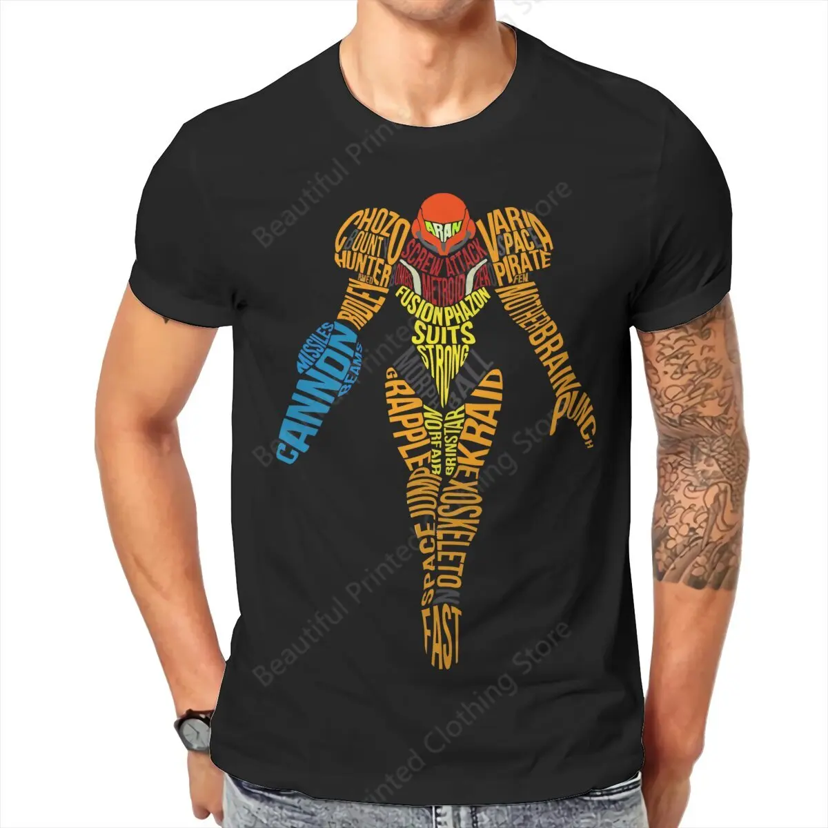 Metroid Samus Aran Game Couple T-Shirt Letter Typography Funny Printing T-ShirtsO-Neck Breathable Tee Cotton Fun Tees