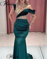 Haute Coutures Green Evening Dresses Elegant Crystals Dubai Prom Dresses Mermaid Long Sleeves Celebrity Gown Vestidos Para Mujer