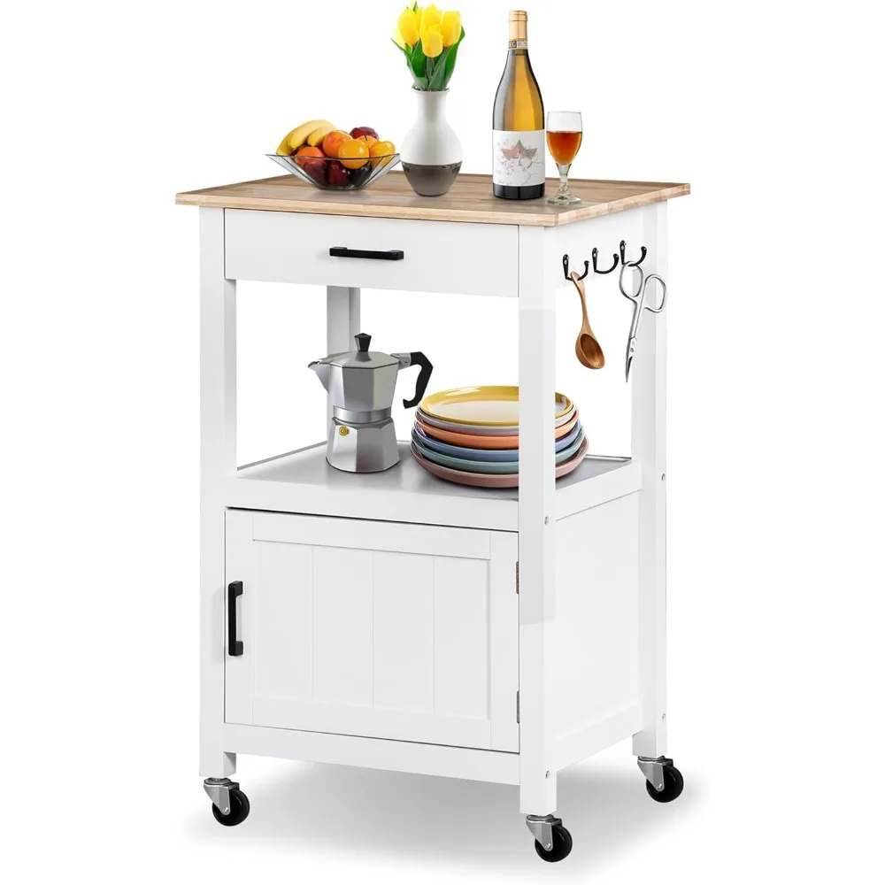 Kitchen Island Cart with Solid Wood Top, Rolling Kitchen Table on Wheels with Storage Cabinet, Drawer, 3 Side Hooks for Dining