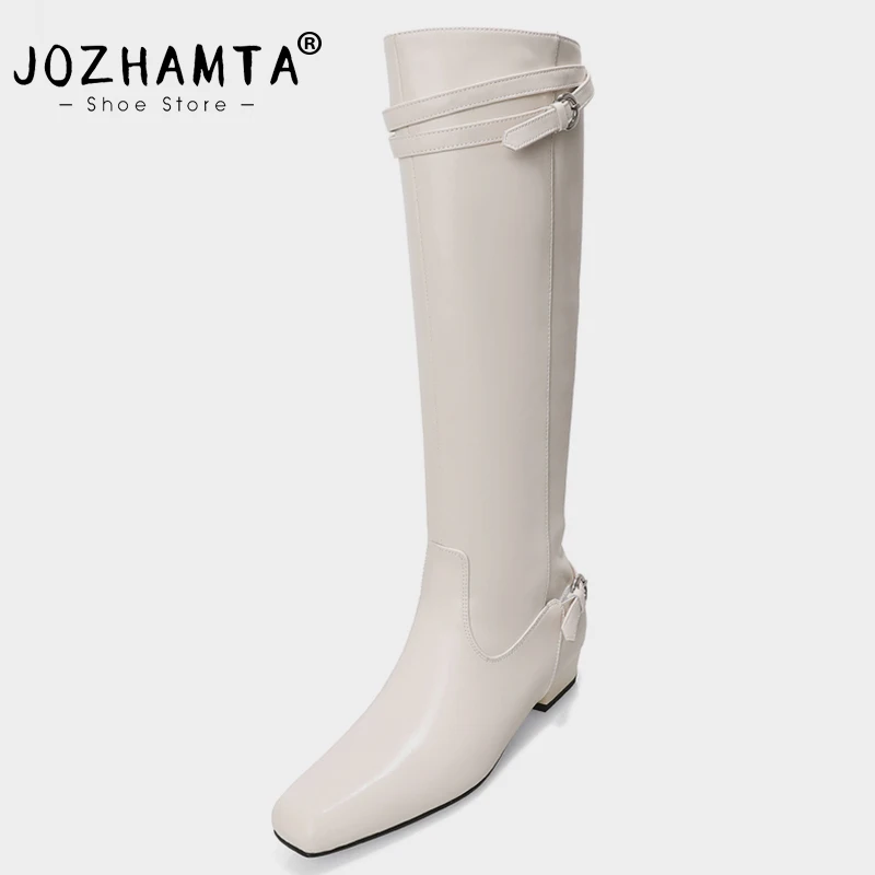 JOZHAMTA Size 33-40 Knee High Boots For Women Real Leather Wide Calf Block Heels Winter Shoes 2025 Buckle Strappy Long Boots