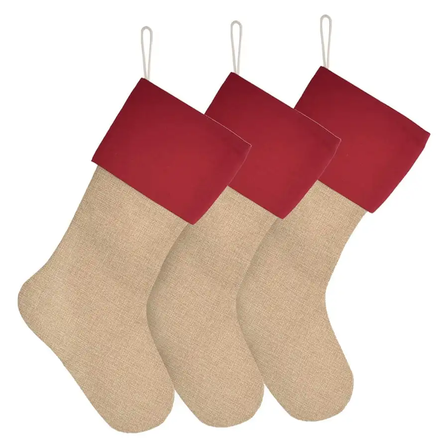 1 PC Burlap Christmas Stockings  Large Plain DIY Xmas Holiday Fireplace Hanging Decoration Gifts for Family Kids Red