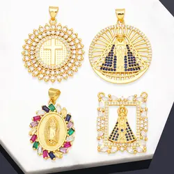 OCESRIO Big Virgin Mary Necklace Pendant Copper Gold Plated CZ Round Medal Jewelry Making Supplies Santa María pdta940