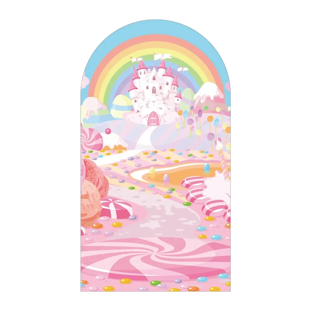 كاندي لاند الوردي حفلة قوس خلفية فتاة عيد ميلاد الاطفال استحمام الطفل دونت التصوير خلفية غطاء ديكور الحفلات دنة النسيج