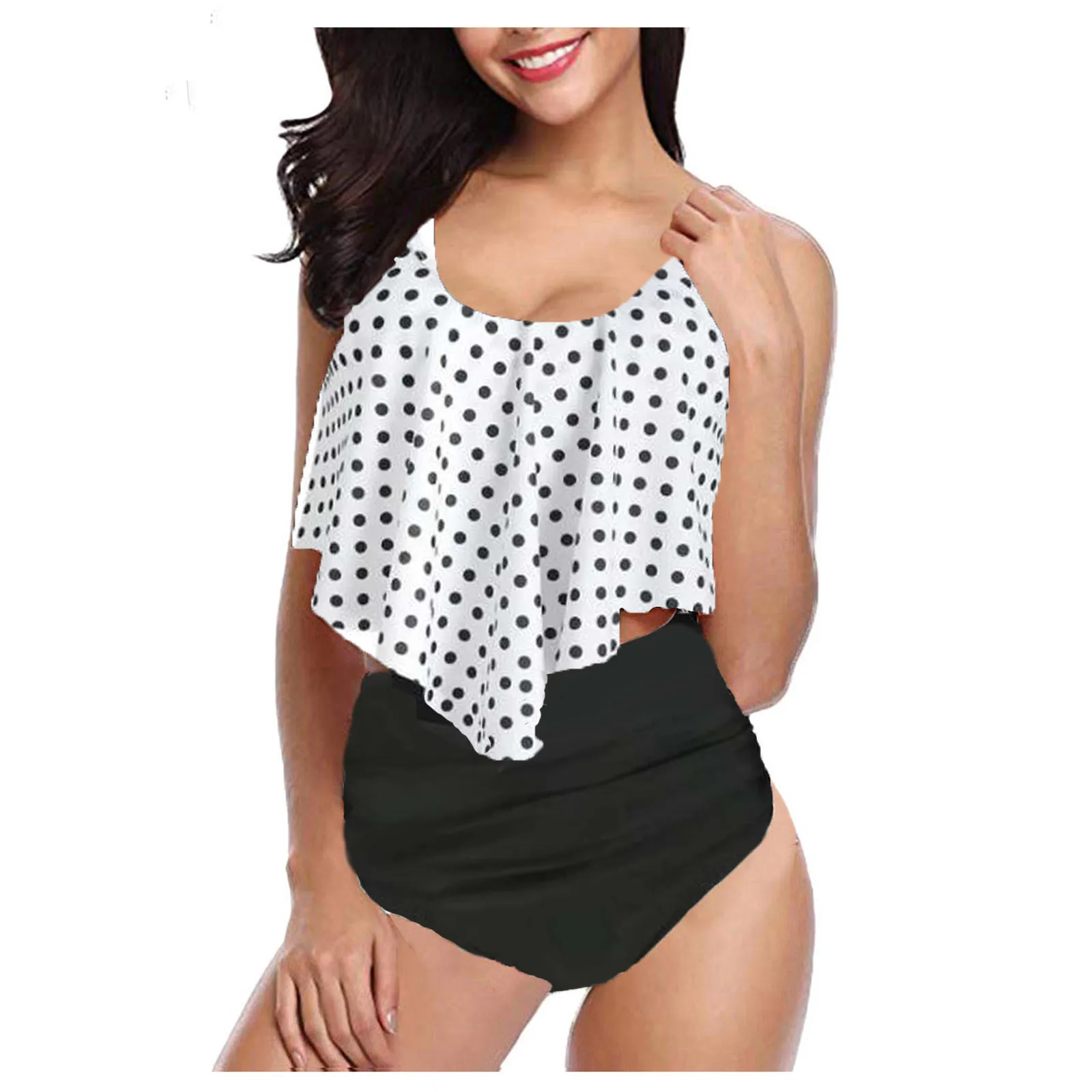 セクシーなツーピースセット水着フリル女性スーツプリントビーチウェアハイウエストビキニセットボトムスプッシュアップタンキニ水着