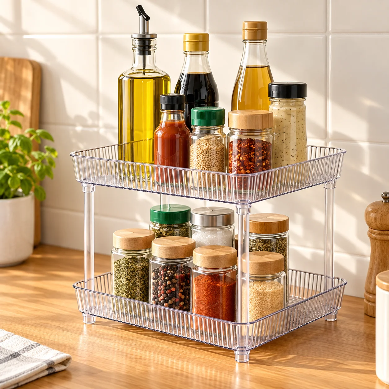 Clear 1/2 Tier Countertop Organizer Transparent Spice Rack Makeup Skincare Storage Tray for Kitchen Bathroom Vanity