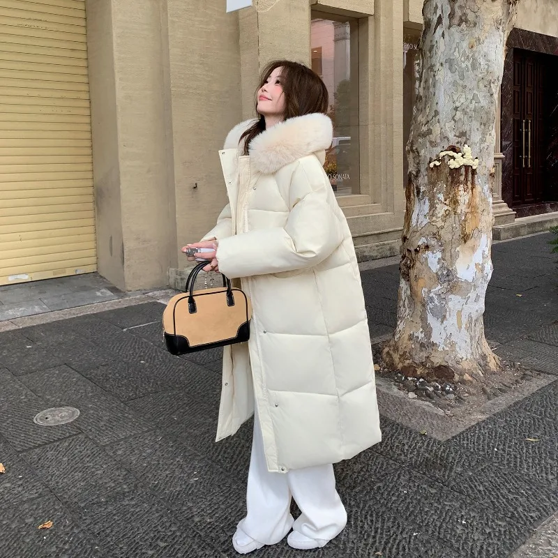 Women Longline Hooded Puffer Coat Faux Fur Trim Quilted Padded Jacket Thickened Thermal Insulated Windproof Winter Outerwear