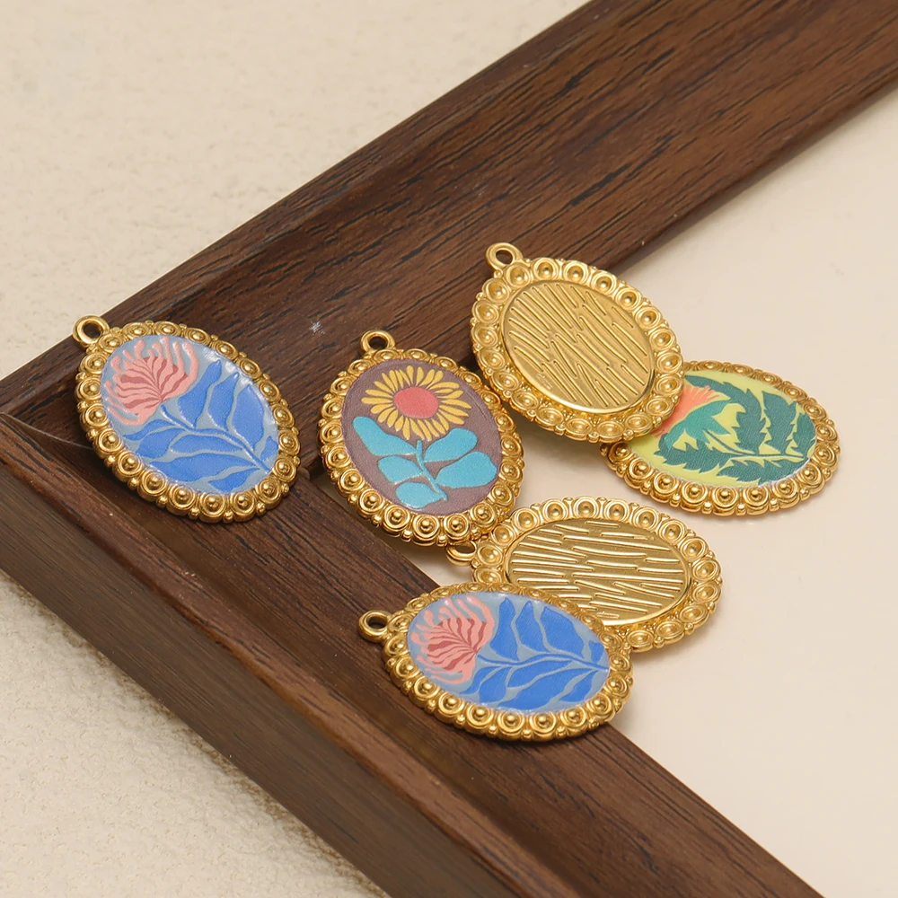 4 Stücke Edelstahl Ovale Emaille-Ölgemälde-Blumenanhänger für DIY Damenschmuck, Halsketten, Anhänger, Armbänder, Ohrringe – Detail 5