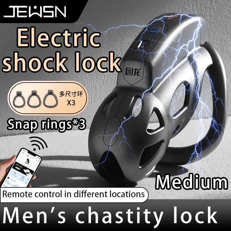 JEUSN-jaula de castidad de choque eléctrico para hombres, juguetes de restricción de acondicionamiento, jaula de pene para hombres Gay con 3 anillos