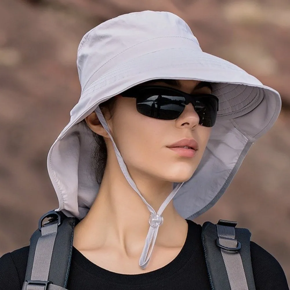 

Solid Color Wide Brim Sun Hat with Neck Cover Neck Protection Sun Protection Hat Adjustable Korean Style Women Bucket Hat Hiking