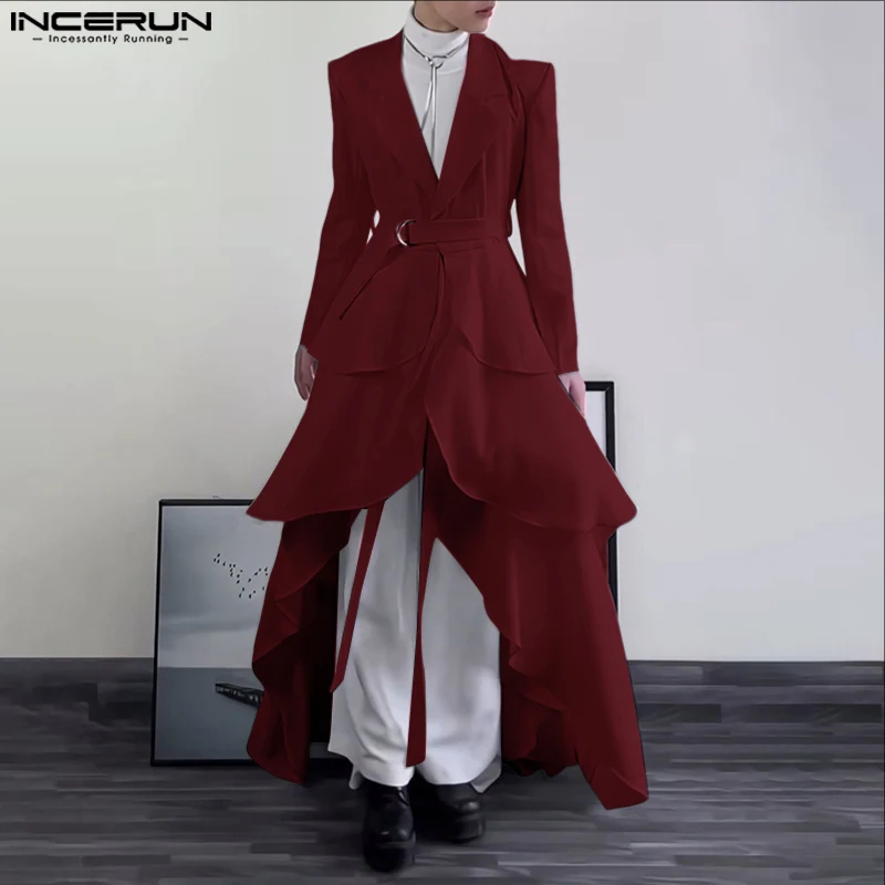 

INCERUN мужской нерегулярный пиджак, однотонный повседневный костюм с лацканами и длинными рукавами, мужская уличная одежда, 2025 г., модный мужской длинный стильный пиджак с рюшами