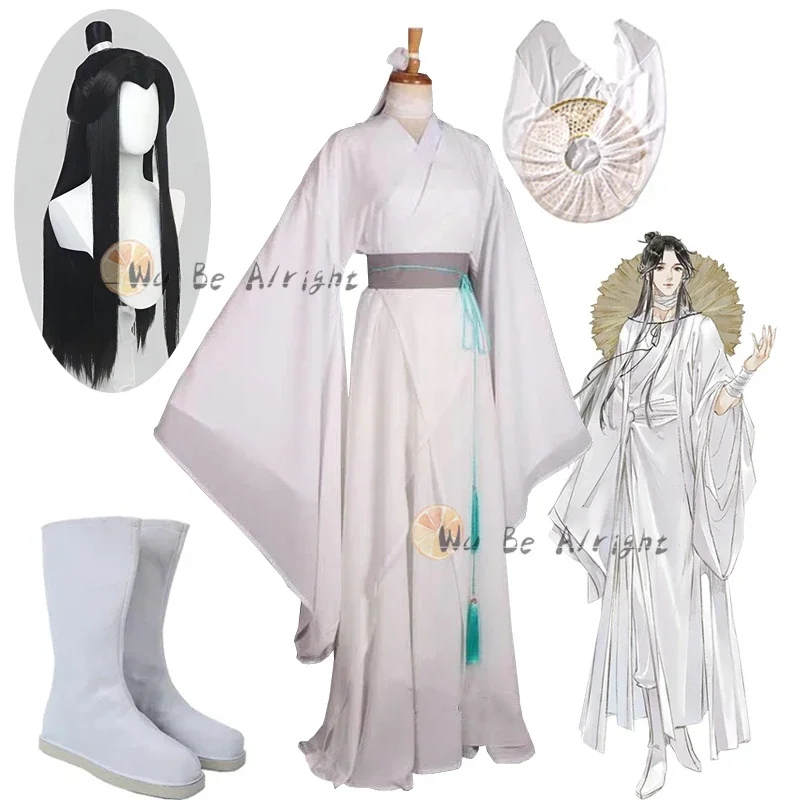 Xie Lian Anime Cosplay Costume, Tian Guan There Fu, Perruques Xielian, Chapeau en Bambou, Chaussures, Accessoires, Han Fu Blanc, Tenue Hmatte ee