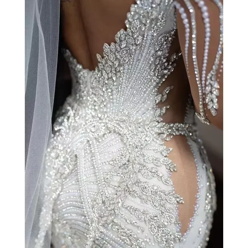 تخصيص زائد حجم حورية البحر فساتين الزفاف زي العرائس الدانتيل زين مطرز الخامس الرقبة طويلة الأكمام المتدرج التنانير الكشكشة Vestido